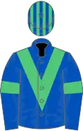 Royal blue, emerald green chevron, emerald green armlet, emerald green and royal blue striped cap