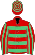 Red, emerald green hoops, striped sleeves, hooped cap