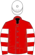 RED, white hooped sleeves, white cap