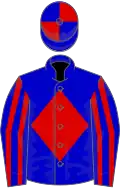 Blue, red diamond, striped sleeves, quartered cap