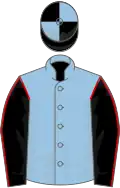 Light blue, black sleeves, red seams, black and light blue quartered cap