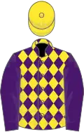 Purple and yellow diamonds, purple sleeves, yellow cap