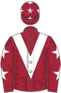 Maroon, white chevron, maroon sleeves, white stars, maroon cap, white stars