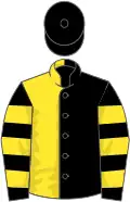 Black and yellow halved, hooped sleeves, black cap