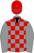 Grey and red check, grey sleeves, red cap