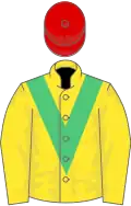 Yellow, emerald green chevron, red cap