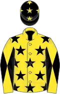 Yellow, black stars, diabolo on sleeves, black cap, yellow stars
