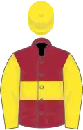 Maroon, yellow hoop, sleeves and cap