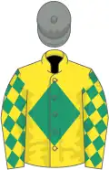 Yellow, emerald green diamond, diamonds on sleeves, grey cap