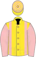 Yellow, pink braces and sleeves, hooped cap
