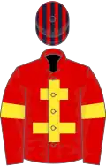Red, yellow cross of lorraine and armlet, red and dark blue striped cap