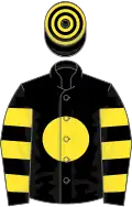 Black, yellow disc, hooped sleeves and cap