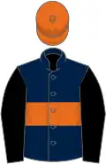 Oxford blue, orange hoop and cap, black sleeves