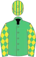 Emerald green, yellow diamonds on sleeves, striped cap