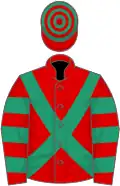 Red, emerald green cross belts, hooped sleeves and cap