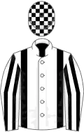 WHITE, black braces, striped sleeves, check cap