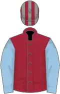 Maroon, light blue sleeves, maroon and grey striped cap