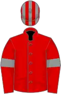 Red, grey armlets, striped cap