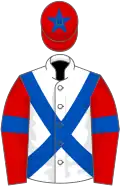 White, royal blue cross belts, red sleeves, royal blue armlets and star on red cap