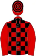 Red and black check, red sleeves, hooped cap