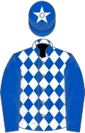 Royal blue and white diamonds, royal blue sleeves, white star on cap