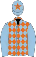 Light blue and orange diamonds, light blue sleeves and cap, orange star