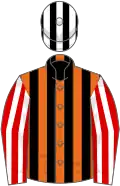 Orange and black stripes, red and white striped sleeves, black and white striped cap