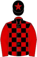 Red and black check, red sleeves, black cap, red star
