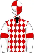 Red and white diamonds, white sleeves, red armlets, red and white quartered cap