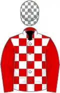Red and white check, red sleeves, grey and white check cap