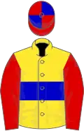 Yellow, blue belt, red sleeves, red and blue quartered cap