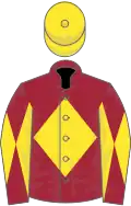 Maroon, Yellow diamond, diabolo on sleeves, Yellow cap