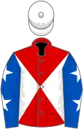 Red and white diabolo, royal blue sleeves, white stars, white cap