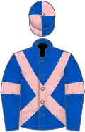 Royal blue, pink cross belts and armlets, quartered cap