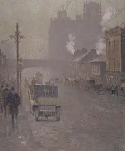 An oil painting depicting a smog-filled wide cobbled road with pavement on either side. In the background, a bridge goes over the road in front of a towering building to the right. In the foreground, there is a man walking and a small horse and cart moving away.