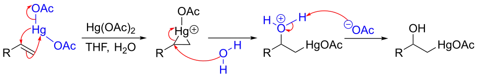 Curved-arrow mechanism for the oxymercuration reaction.