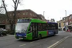 One of the emergency fleet sent to cover for the takeover of the First Southampton network, an Optare Versa brought from Swindon's Bus Company, in Southampton in February 2023.[95]