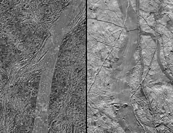 A comparison image between Arbela Sulcus on Ganymede and a similar feature on Europa, hinting at the possibility that both formed in the same way.[15]