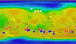 Ice (white), salt (red) and warm-season flows (blue) on Mars