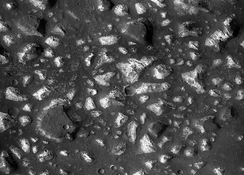 Deep-basin deposits from the floor of Eridania Sea. The mesas on the floor are there because they were protected against intense erosion by deep water/ice cover. CRISM measurements show minerals may be from seafloor hydrothermal deposits. Life may have originated in this sea.