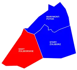 Location of Sady Żoliborskie neighbourhood (red) in the District of Żoliborz (blue)