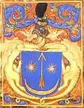 Coat of arms of the Transylvanian-Saxon family Drágfi de Beltiug (Hungarian Drágffy de Béltek) scions of Dragoş I of Bedeu