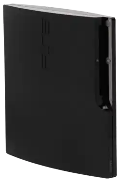 Close up photograph of a shiny black video game console facing to the right as it stands upright on its side. A small alcove on the top right corner houses the disc slot with an eject and power button.