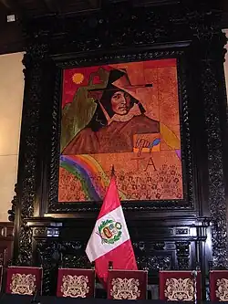 Painting of Túpac Amaru II in traditional Andean dress with symbolic Inca elements