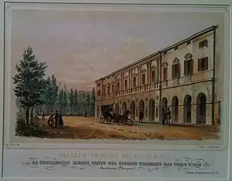 Palazzo Trissino dal Vello d'Oro (formerly Civena), lithograph by Marco Moro dedicated to Giangiorgio Trissino dal Vello d'Oro, 1847.