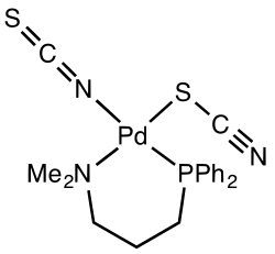Structure of Pd(Me2N(CH2)3PPh2)(SCN)(NCS) illustrating linkage isomerism of the SCN− ligand.[2]