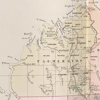 Map of Palmerston County in 1886 showing the hundreds