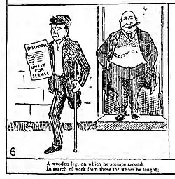 Panel 6 of 'The Seven Ages of a Conscript', published in The Crime of Conscription (1912) by H. E. Holland ("a wooden leg, on which he stumps around, In search of work from those for whom he fought")