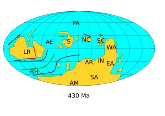 Paleogeography of Earth in the middle Silurian, around 430 Ma. Avalonia and Baltica have fused with Laurentia to form Laurussia.