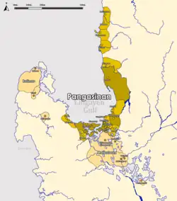 A map of the Pangasinan region with its principal settlements (dark yellow) and associate settlements (yellow) during the 15th-16th centuries.